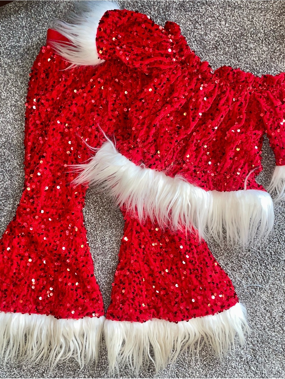 Red Sequin Holiday Kids Costume/outfit Top and Pants with White Faux Fur Trim